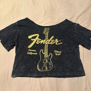 Fender Distressed Black Crop Top with Yellow Graphic